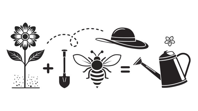 Garden rebus puzzle equation with flower, bee, and watering can. Educational brain teaser illustration for learning and problem-solving activities.