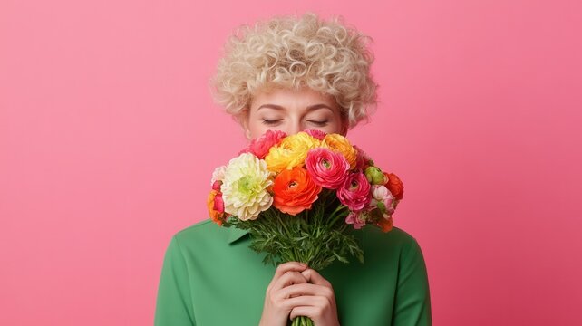 Woman holding large ranunculus bouquet covering face celebrating spring happy emotions romance