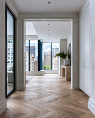 Fototapeta premium Contemporary apartment entrance with wood floor, large window, city view, modern decor, natural light, and indoor plant create welcoming
