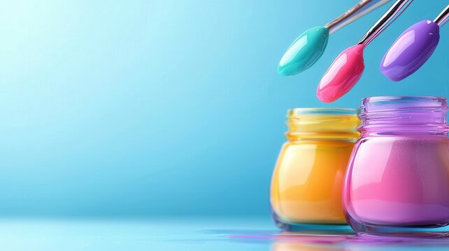 Cosmetics bottles with vibrant liquids and sakura flowers on a blue background symbolizing spring self care beauty