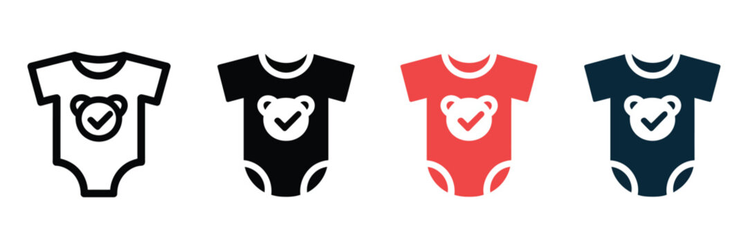 Baby bodysuit vector icons set, infant onesie with bear print, newborn clothing symbols in black and red, flat baby apparel design