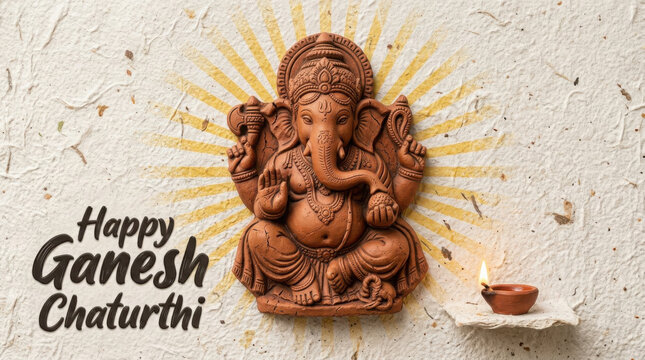 Clay idol of lord ganesha with a glowing oil lamp on a textured off paper generated using ai