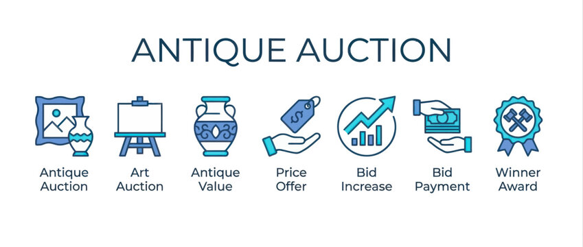Antique auction icon set. Collection of vector symbols for art bidding and vintage sales.