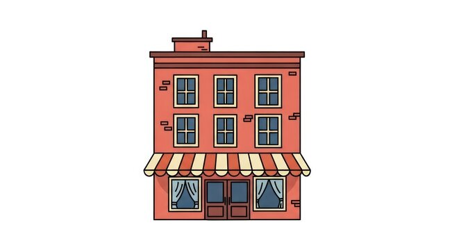 Charming reddish shop building with striped awning and curtains