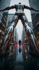 Fototapeta premium Modern Art Installation of Giant Silver Human-Like Sculpture in Urban City Center