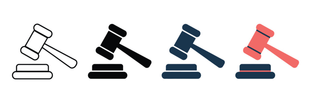 Judge gavel icon set in flat and outline styles, legal auction hammer vector collection, justice and law symbols for court or bidding