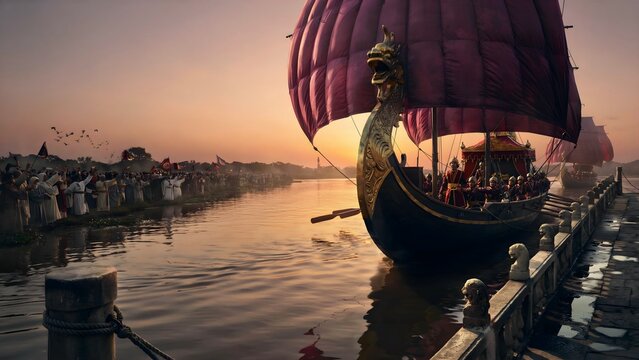 Traditional Viking-style ship with dragon figurehead and large sail at sunset