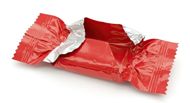 Opened red candy wrapper isolated on white background product advertisement