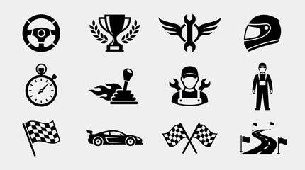 Obraz premium Motorsport racing icons in black silhouette style, trophy, helmet, stopwatch, gearshift flames, race car, checkered flags, racetrack.