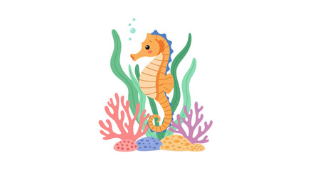 Cute cartoon seahorse swimming with coral and seaweed © jepri