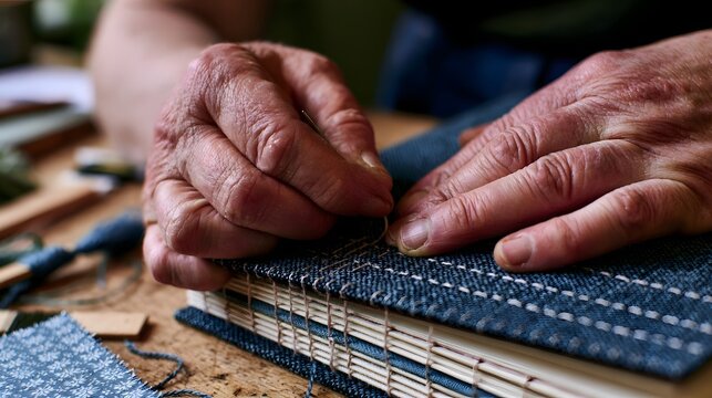 Close up of hands stitching a blue fabric covered book with thread using a needle on a wooden surface
