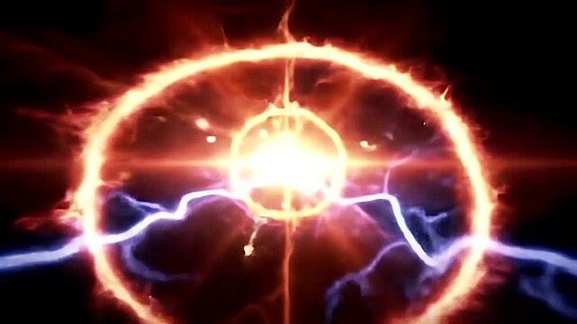 A swirling vortex of orange and yellow energy crackles with purple lightning.