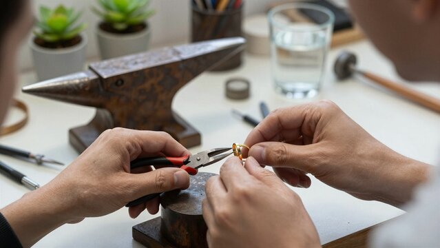 Skilled artisan uses pliers to carefully mend a delicate gold ring on a workbench, surrounded by tools and potted plants in a serene jewelry studio.
