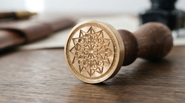 Elegant Vintage Brass Wax Seal Stamp Featuring an Intricate Geometric Mandala Design on a Rustic Wooden Surface