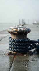 Fototapeta premium Close-up of a mooring bollard with heavy rope on a dockside waterfront