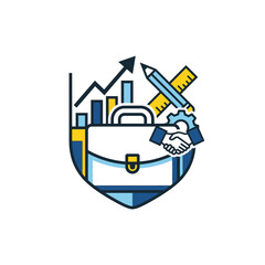 Naklejka premium Business project management icon with handshake and tools.