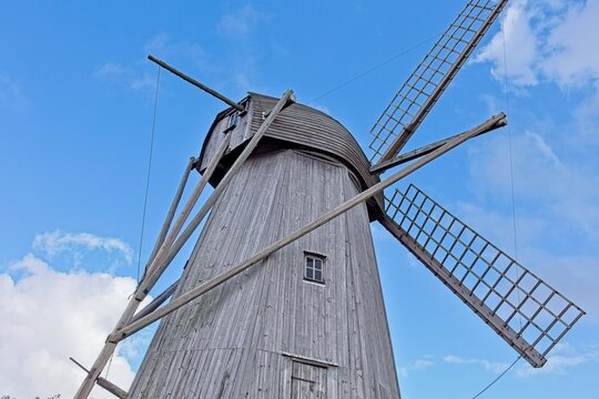 Unique Dutch style wooden windmill built in 1927, located at Angla Windmill Park located on Saaremaa Island in Estonia, Europe.