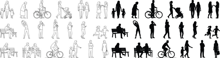 Obraz premium People Silhouette and Outline Collection with Walking, Cycling, Family, Parenting, Sitting, and Everyday Lifestyle Vector Poses