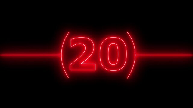 Neon bright glowing countdown timer from 25 to 0 seconds. Neon glowing countdown timer 25 second animation .Neon Countdown on black background. Neon bright glowing countdown timer