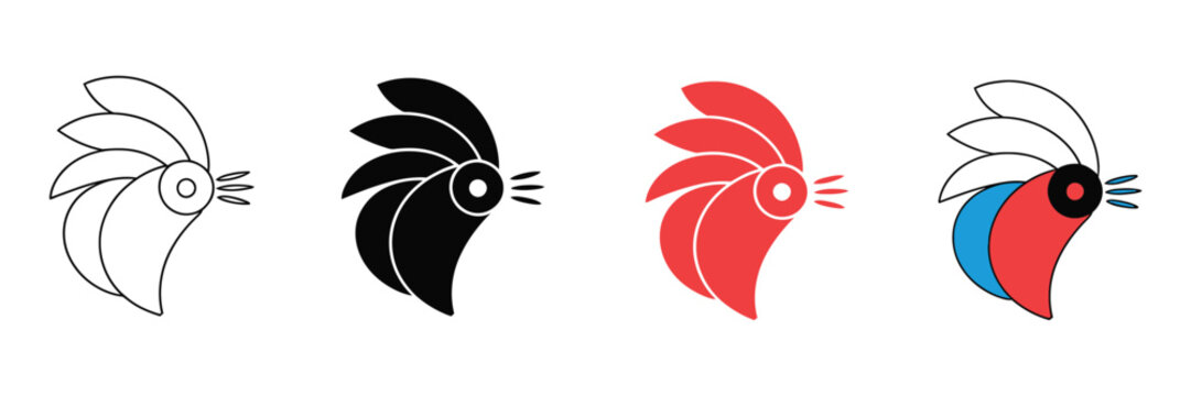 Stylized rooster head logo set, minimalist cockerel profile icons in four variations, modern poultry bird vector graphics for farm branding