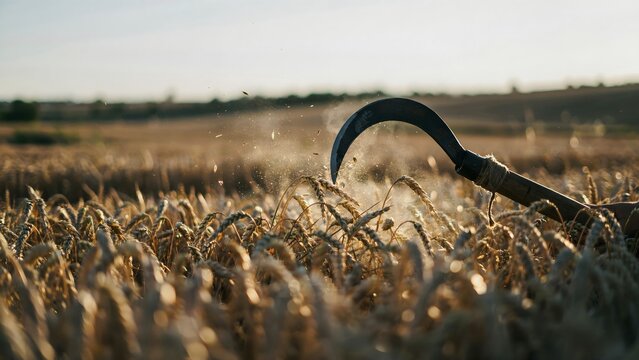 Farmer's sickle cutting ripe wheat in golden harvest field during sunset