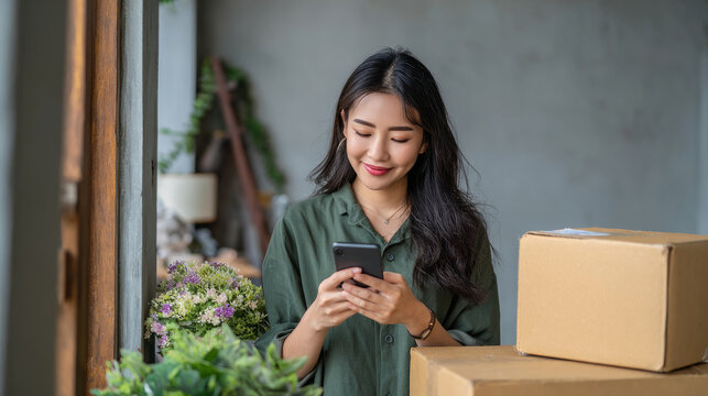Young woman using her smartphone while surrounded by boxes and plants in a comfortable indoor environment