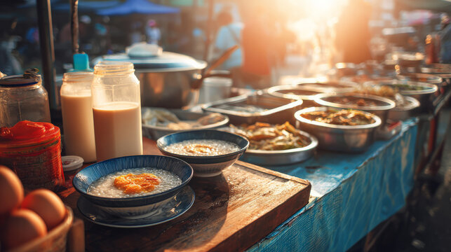 Colorful street food market during sunset featuring a variety of tasty dishes and fresh local ingredients
