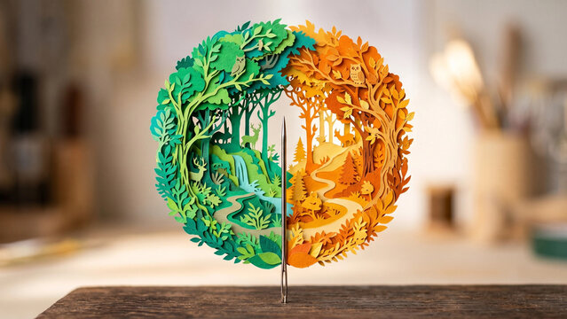 Autumn Equinox. Vibrant paper art depicting the changing seasons: summer/autumn. Seasonal forest landscape with river and trees