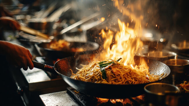 Vibrant cooking action featuring flames and stir fried noodles in a bustling restaurant kitchen environment