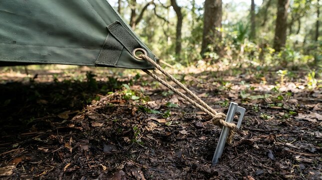 Green camping tent secured with a metal peg and rope in forest soil