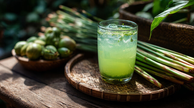 Invigorating herbal beverage featuring lemongrass and fresh components arranged on a rustic wooden tray