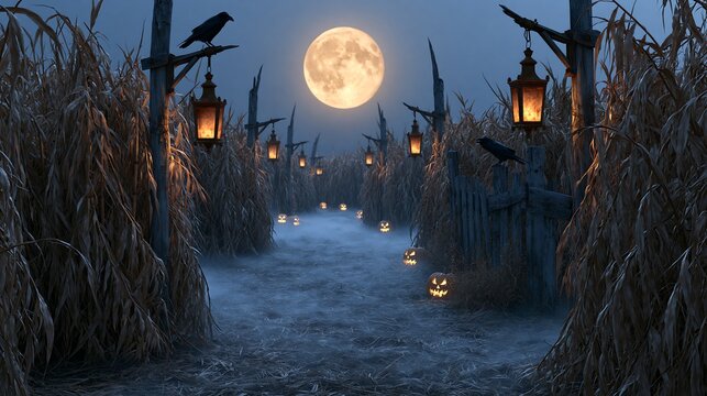 Eerie Spooky Night Path Lined with Glowing Lanterns Jack O Lanterns and Flying Birds Under Full Moon