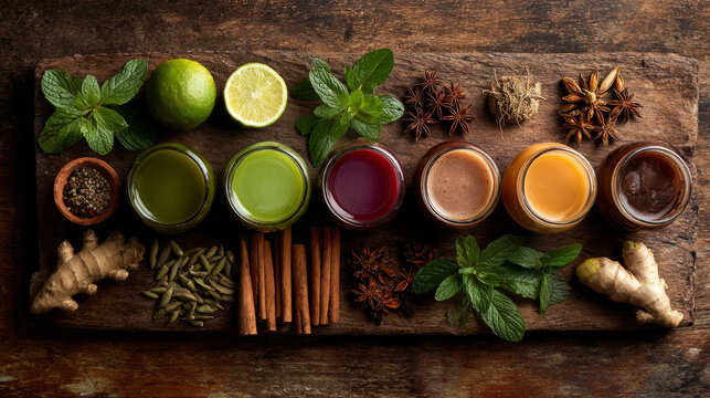 Vibrant selection of freshly made herbal juices with natural ingredients displayed on a rustic wooden surface