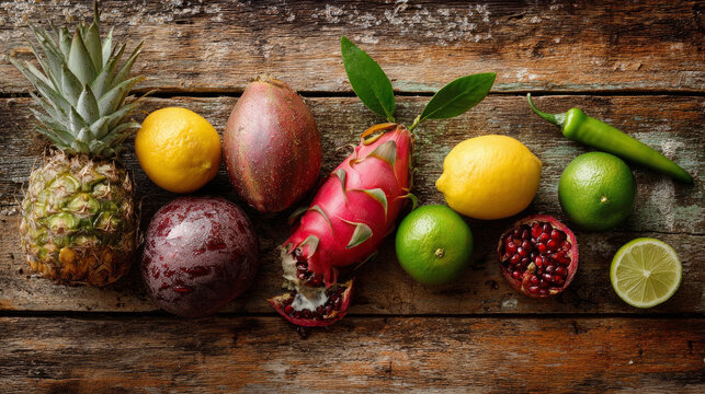 Vibrant display of tropical fruits on a weathered wooden surface promoting healthy eating ideas