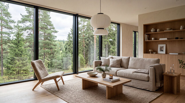 Luxury Scandinavian living room with panoramic forest view, floor-to-ceiling windows, oak interior and contemporary Nordic minimalist design