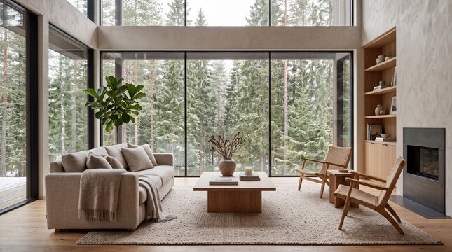 Luxury Scandinavian living room with panoramic forest view, floor-to-ceiling windows, oak interior and contemporary Nordic minimalist design