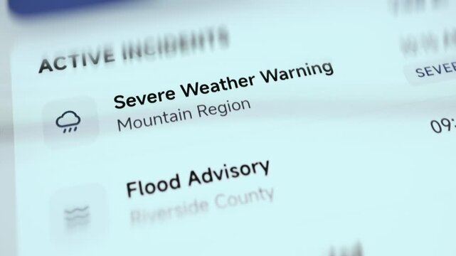 Active Incidents List With Severe Weather Warning in Mountain Region and Flood Advisory