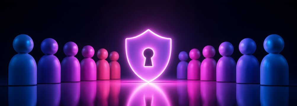 Glowing neon shield with keyhole standing in front of colorful human figures representing cybersecurity data privacy and user access protection concept