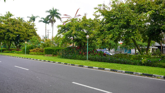 Beautiful view of Ijen boulevard in Malang, East Java, featuring a clean asphalt street lined with lush palm trees, green gardens, and moving vehicles under a bright sky.