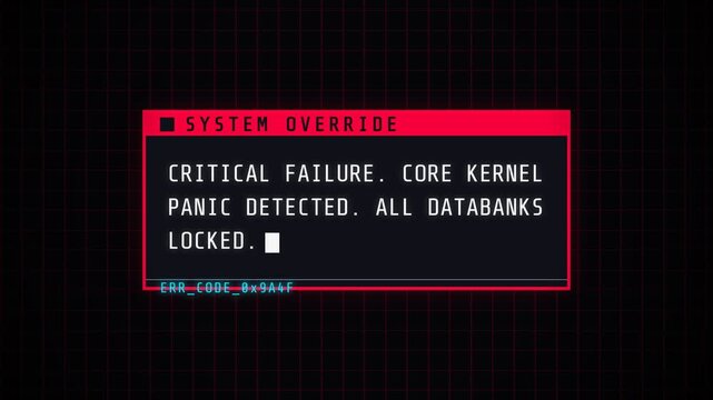 Dynamic animated system override message, displaying critical failure text and blinking cursor on a vibrant red grid background, symbolizing data breach, cyber security threats