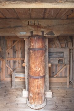 Main central pillar (commonly known as the main post) of a traditional European post mill, Angla Windmill Park, Saaremaa, Estonia, Europe.
