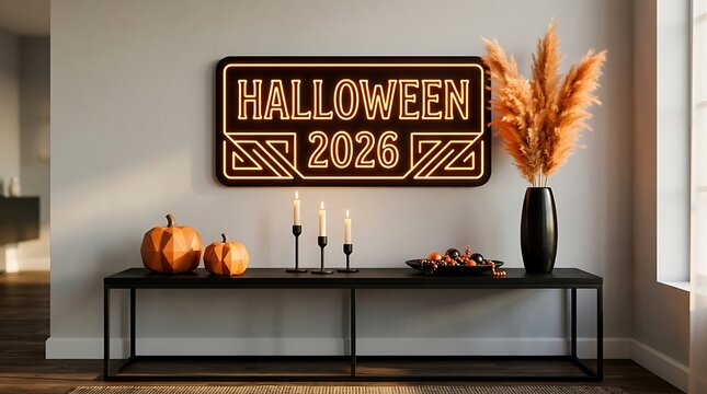 Halloween 2026 Neon Light Sign in Modern Interior Decor with Pumpkins Candles and Pampas Grass
