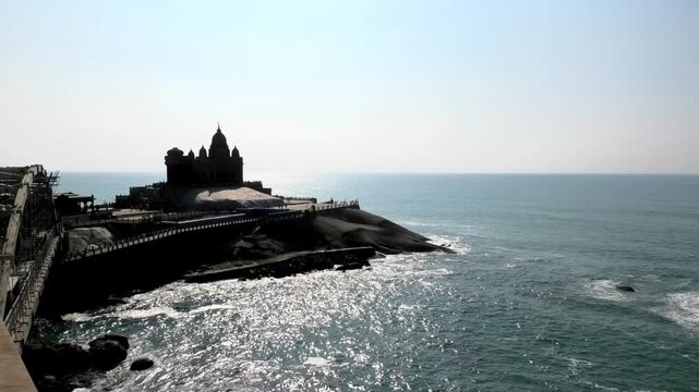 The silhouette view of Vivekananda Rock Memorial in the morning, a monument located in Kanyakumari, Tamil Nadu, India