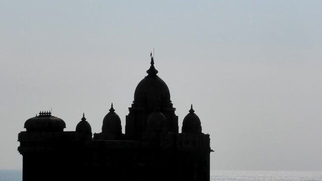 The silhouette view of Vivekananda Rock Memorial in the morning, a monument located in Kanyakumari, Tamil Nadu, India