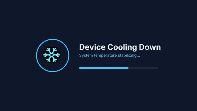 Dynamic digital animation of 'Device Cooling Down' message with a rotating snowflake icon and animating progress bar on a dark blue background, illustrating system temperature stabilization