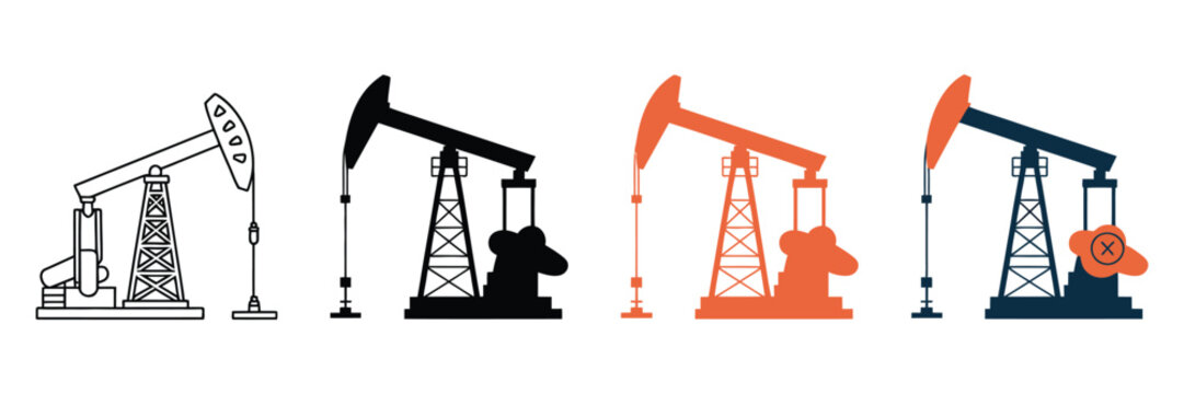 Industrial oil pump jack vector set, oil well drilling rig icons in flat and silhouette styles, petroleum extraction equipment for energy industry