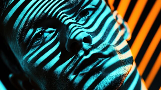 Close-up portrait of a man with teal-blue zebra stripes projected on his face, set against a backdrop of orange-yellow stripes