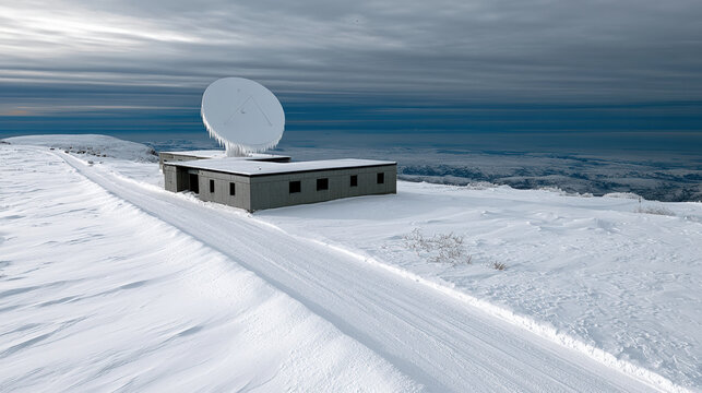 Snowy landscape abandoned radar station winter remote satellite dish icy mountain overcast sky cold isolation