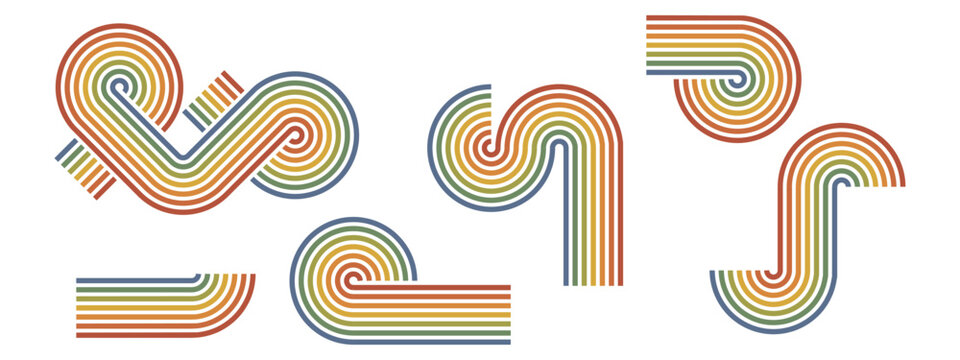 Retro groovy stripe element set. Curved, spiral, arch, loop multiline bands. Warm earth tone rainbow colors. For poster, logo, print, pattern, background. Vector geometric decorative elements.