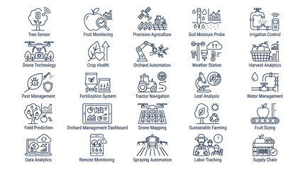 Fototapeta premium Precision orchard and fruit farming technology icons